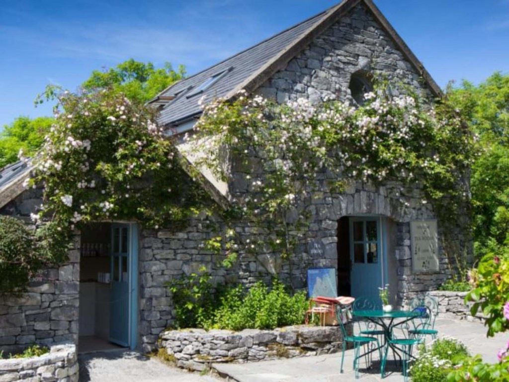 A stone cottage with blue doors, climbing plants on the walls, and an outdoor table and chairs set in a small garden under a clear blue sky.