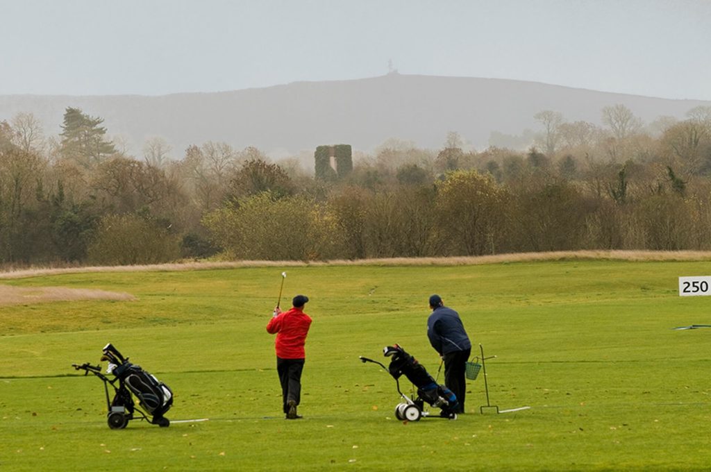Two people playing golf on a green course with trees in the background; each has a golf bag on a cart, and one person is swinging a club.