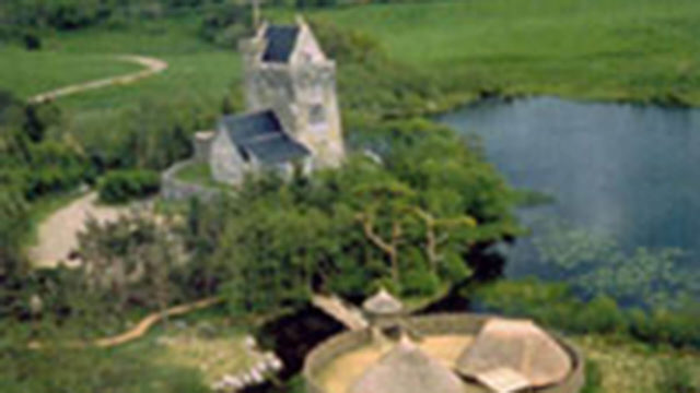 Aerial view of a stone building near a small pond, surrounded by greenery and a thatched-roof structure in the foreground.