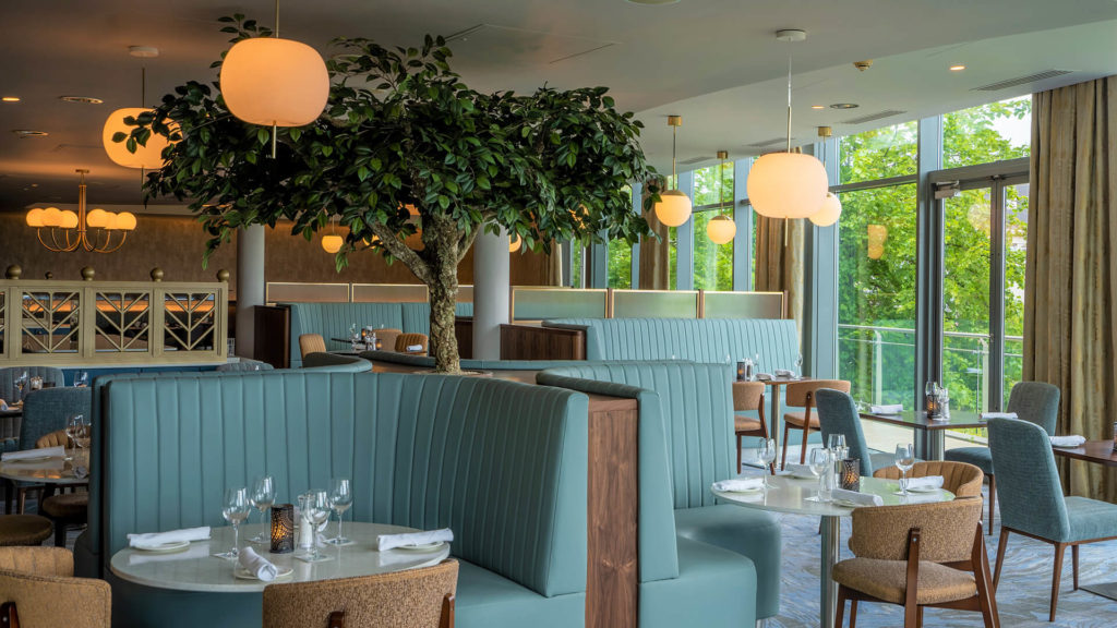 Modern restaurant interior with blue upholstered booths, round white tables, wooden chairs, large potted tree, and large windows letting in natural light.