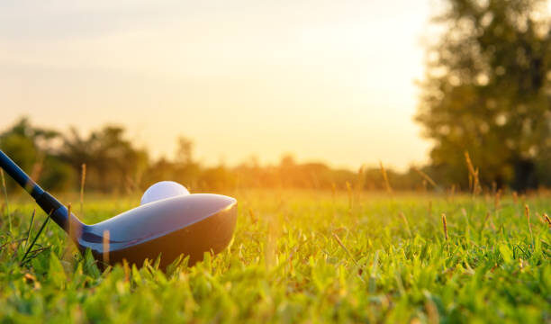A golf club is positioned next to a golf ball on grass with the sun setting in the background.