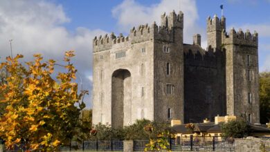 Medieval stone castle with crenellated towers and arched entrance, surrounded by trees with autumn foliage under a partly cloudy sky.