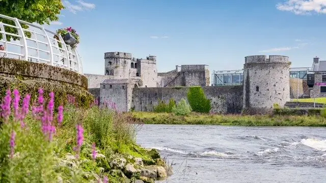 Stone castle with round towers beside a river, bordered by wildflowers and greenery, under a blue sky.