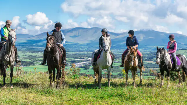 Five people wearing helmets ride horses on a grassy hilltop with a scenic view of fields and mountains in the background under a partly cloudy sky.